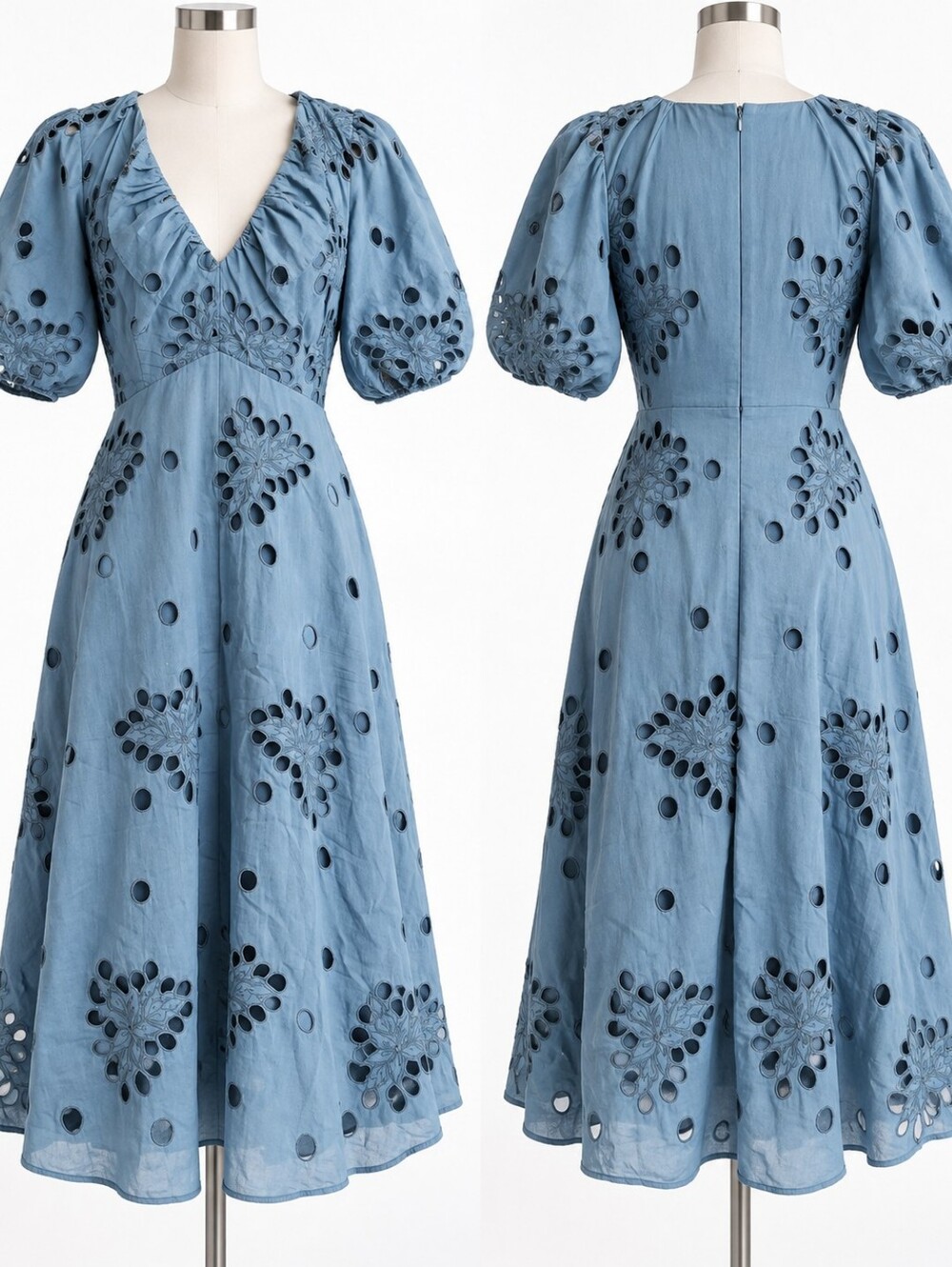 Rebecca Taylor Blue Floral Eyelet Cutwork Puff Sleeve Midi Dress